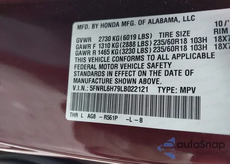 2020 Honda Odyssey Ex-L/Ex-L W/Navi Res from USA, damaged, VIN 5FNRL6H79LB022121